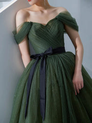 Off the Shoulder Green Tulle Long Prom Dresses, Off Shoulder Green Tulle Long Formal Evening Dresses
