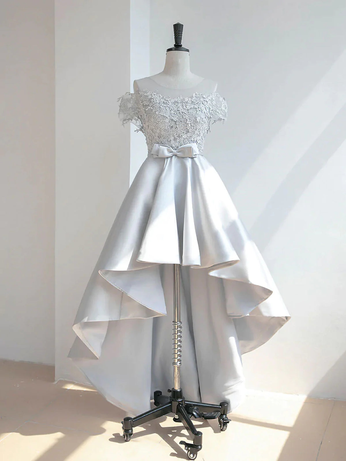 Off the Shoulder High Low Gray Lace Prom Dresses, High Low Gray Lace Formal Homecoming Dresses