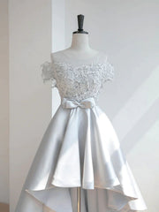 Off the Shoulder High Low Gray Lace Prom Dresses, High Low Gray Lace Formal Homecoming Dresses