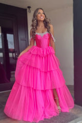Off the Shoulder High Slit Beaded Hot Pink Long Prom Dress, Off the Shoulder Formal Dress, Hot Pink Evening Dress