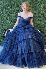 Off the Shoulder Hot Pink Navy Blue High Low Prom Dresses, High Low Hot Pink Blue Formal Evening Dresses