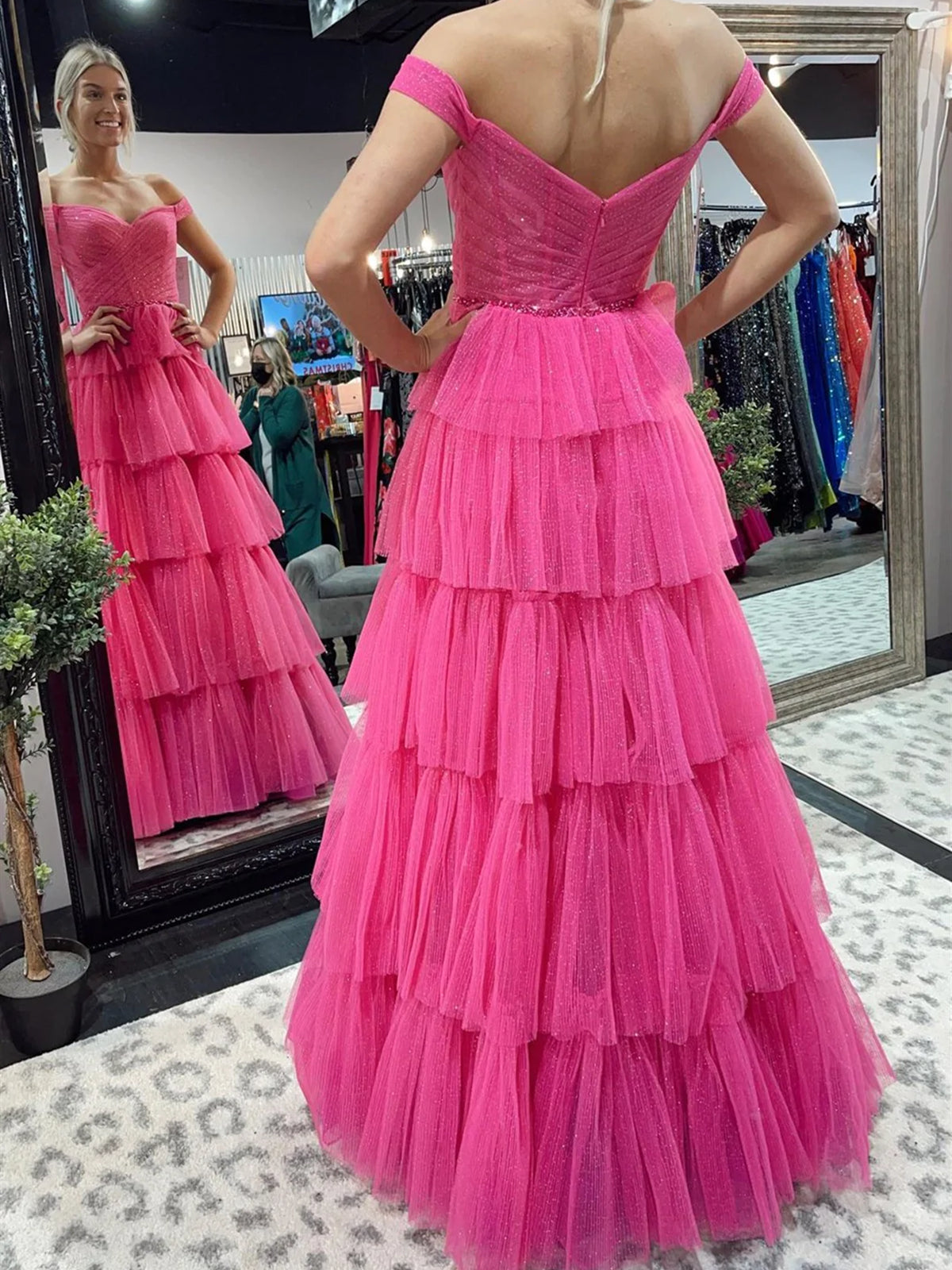 Off the Shoulder Hot Pink Navy Blue High Low Prom Dresses, High Low Hot Pink Blue Formal Evening Dresses