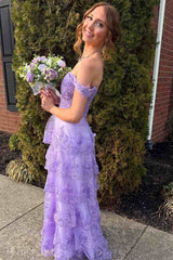 Off the Shoulder Layered Lilac Lace Long Prom Dress with High Slit, Lilac Lace Formal Dress, Lilac Evening Dress