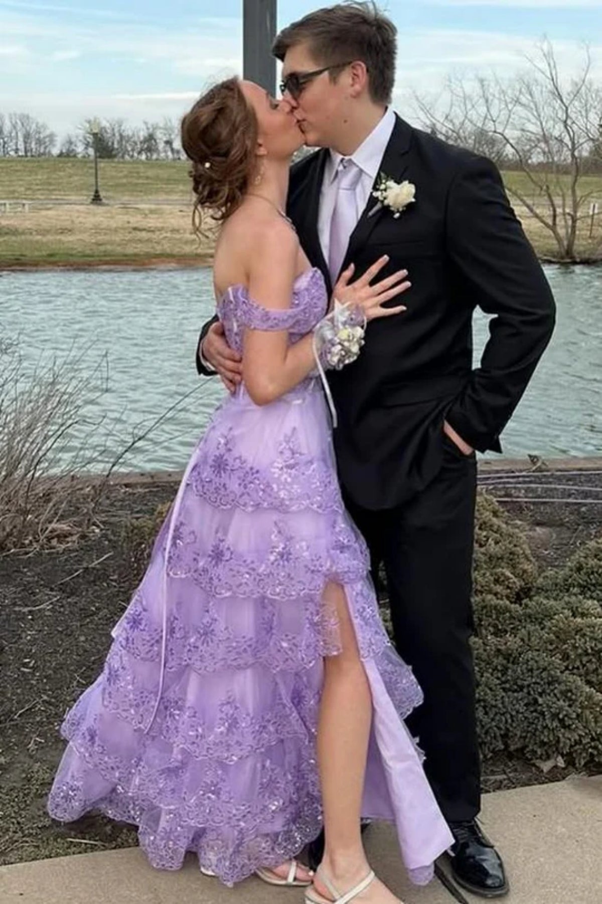 Off the Shoulder Layered Lilac Lace Long Prom Dress with High Slit, Lilac Lace Formal Dress, Lilac Evening Dress