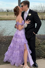 Off the Shoulder Layered Lilac Lace Long Prom Dress with High Slit, Lilac Lace Formal Dress, Lilac Evening Dress