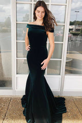 Off the Shoulder Mermaid Dark Green Velvet Long Prom Dress, Off Shoulder Green Formal Dress, Dark Green Evening Dress A2234