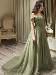 Off the Shoulder Mint Green Beaded Long Prom Dresses, Off Shoulder Green Long Formal Evening Dresses