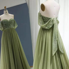 Off the Shoulder Mint Green Beaded Long Prom Dresses, Off Shoulder Green Long Formal Evening Dresses
