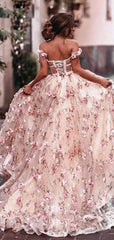 Off the Shoulder Pink 3D Floral Long Prom Dresses, 3D Flower Pink Formal Evening Dresses