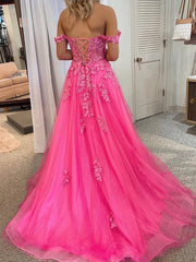 Off the Shoulder Pink Lace Prom Dresses, Off Shoulder Pink Lace Formal Evening Dresses