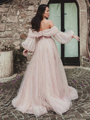Off the Shoulder Pink Long Prom Dresses, Pink Long Tulle Formal Evening Dresses