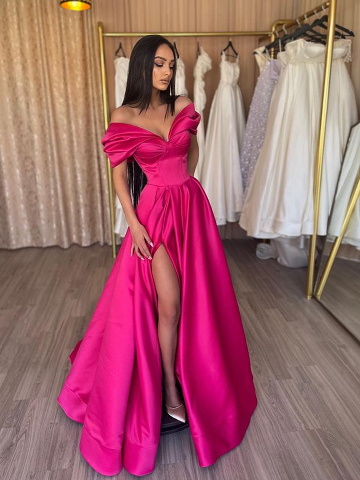 Off the Shoulder Pink Long Prom Dresses, Pink Satin Long Formal Evening Dresses