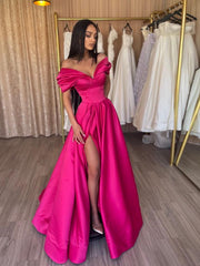 Off the Shoulder Pink Long Prom Dresses, Pink Satin Long Formal Evening Dresses