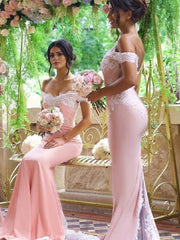 Off the Shoulder Pink Mermaid Lace Prom Dresses, Pink Mermaid Lace Bridesmaid Dresses