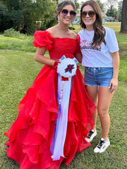 Off the Shoulder Pink Red Organza Prom Dresses, Pink Red Organza Formal Evening Dresses