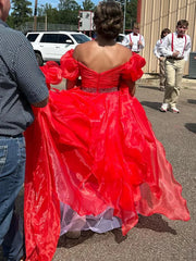 Off the Shoulder Pink Red Organza Prom Dresses, Pink Red Organza Formal Evening Dresses
