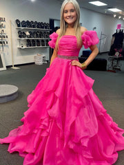Off the Shoulder Pink Red Organza Prom Dresses, Pink Red Organza Formal Evening Dresses