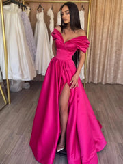 Off the Shoulder Pink Satin Long Prom Dresses, Off Shoulder Pink Satin Long Formal Evening Dresses