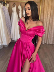 Off the Shoulder Pink Satin Long Prom Dresses, Off Shoulder Pink Satin Long Formal Evening Dresses