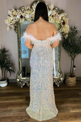 Off the Shoulder Plus Size Prom Dresses Iridescent Sequin Feathers with Slit