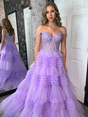 Off the Shoulder Purple Blue Layered Lace Prom Dresses, Off Shoulder Purple Blue Layered Lace Formal Evening Dresses