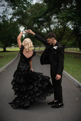 Red Sequin Tiered Mermaid Long Dress Slit Prom Dresses