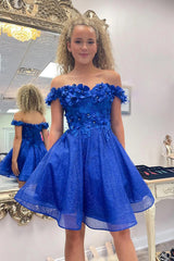 Off the Shoulder Royal Blue Homecoming Dress with 3D Flowers TN424