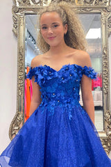 Off the Shoulder Royal Blue Homecoming Dress with 3D Flowers TN424