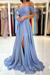 Off the Shoulder Shiny Blue Long Prom Dress Formal Dress TP1177
