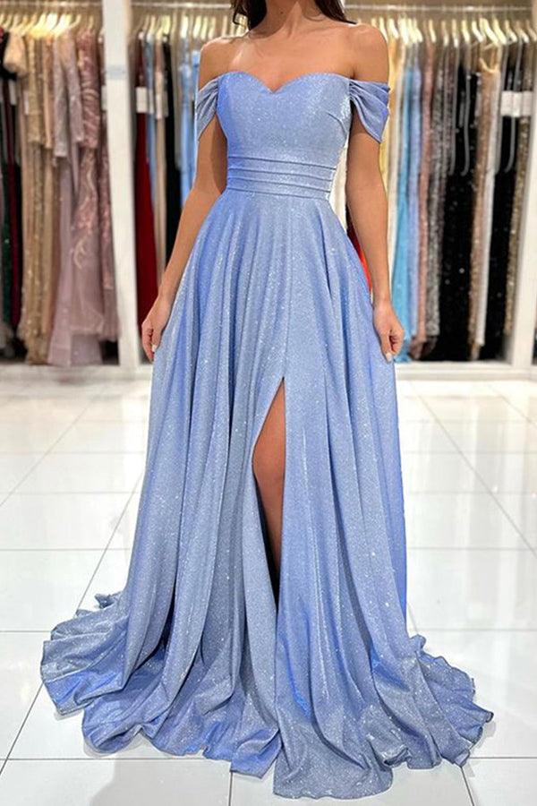Off the Shoulder Shiny Blue Long Prom Dress Formal Dress TP1177