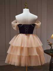 Off the Shoulder Short Black Champagne Prom Dresses, Short Black Champagne Graduation Homecoming Dresses