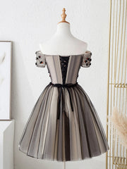 Off the Shoulder Short Black Floral Prom Dresses, Short Black Floral Graduation Homecoming Dresses