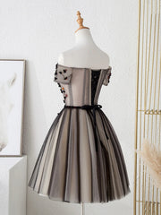Off the Shoulder Short Black Floral Prom Dresses, Short Black Floral Graduation Homecoming Dresses
