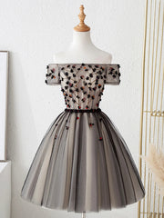 Off the Shoulder Short Black Floral Prom Dresses, Short Black Floral Graduation Homecoming Dresses
