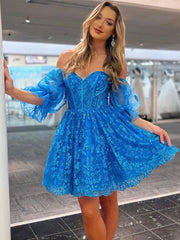 Off the Shoulder Short Blue Lace Prom Dresses, Short Blue Lace Formal Homecoming Dresses