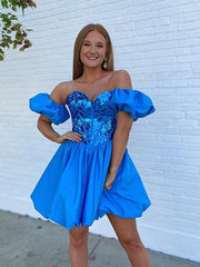 Off the Shoulder Short Blue Prom Dresses, Off Shoulder Short Blue Formal Graduation Dresses