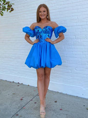 Off the Shoulder Short Blue Prom Dresses, Off Shoulder Short Blue Formal Graduation Dresses