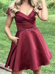 Off the Shoulder Short Burgundy Prom Dresses, Wine Red Short Graduation Homecoming Dresses