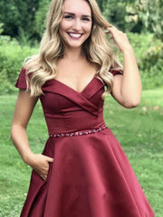 Off the Shoulder Short Burgundy Prom Dresses, Wine Red Short Graduation Homecoming Dresses