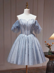 Off the Shoulder Short Gray Beaded Prom Dresses, Short Gray Beaded Graduation Homecoming Dresses