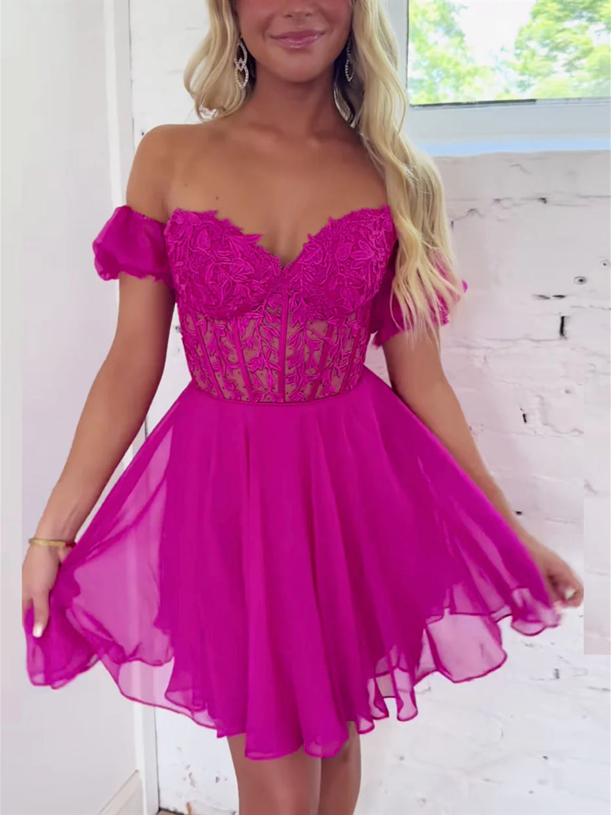 Off the Shoulder Short Pink Lace Prom Dresses, Short Pink Lace Formal Homecoming Dresses