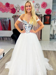Off the Shoulder Silver Beading Long Prom Dresses, Off Shoulder White Formal Evening Dresses