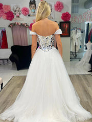 Off the Shoulder Silver Beading Long Prom Dresses, Off Shoulder White Formal Evening Dresses