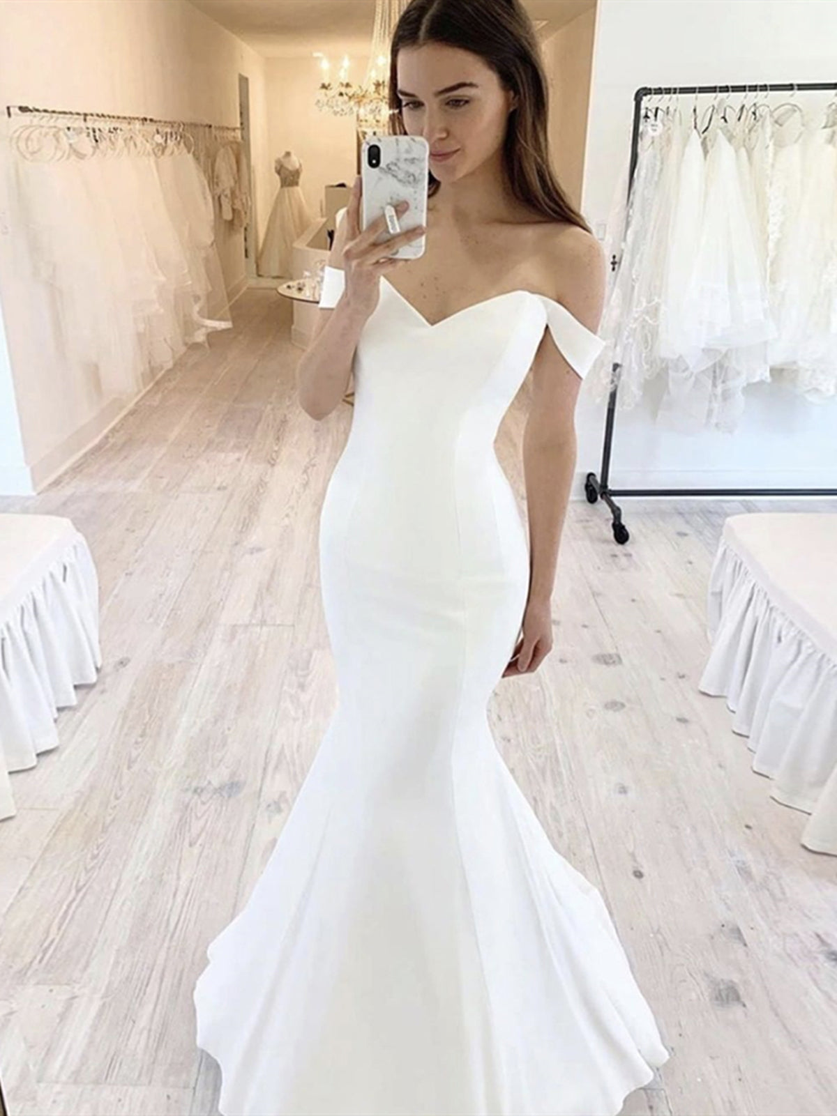 Off the Shoulder White Mermaid Wedding Prom Dresses, White Mermaid Formal Evening Dresses