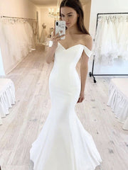 Off the Shoulder White Mermaid Wedding Prom Dresses, White Mermaid Formal Evening Dresses