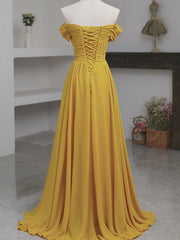 Off the Shoulder Yellow Chiffon Long Prom Dresses, Yellow Long Formal Bridesmaid Dresses