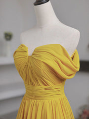 Off the Shoulder Yellow Chiffon Long Prom Dresses, Yellow Long Formal Bridesmaid Dresses
