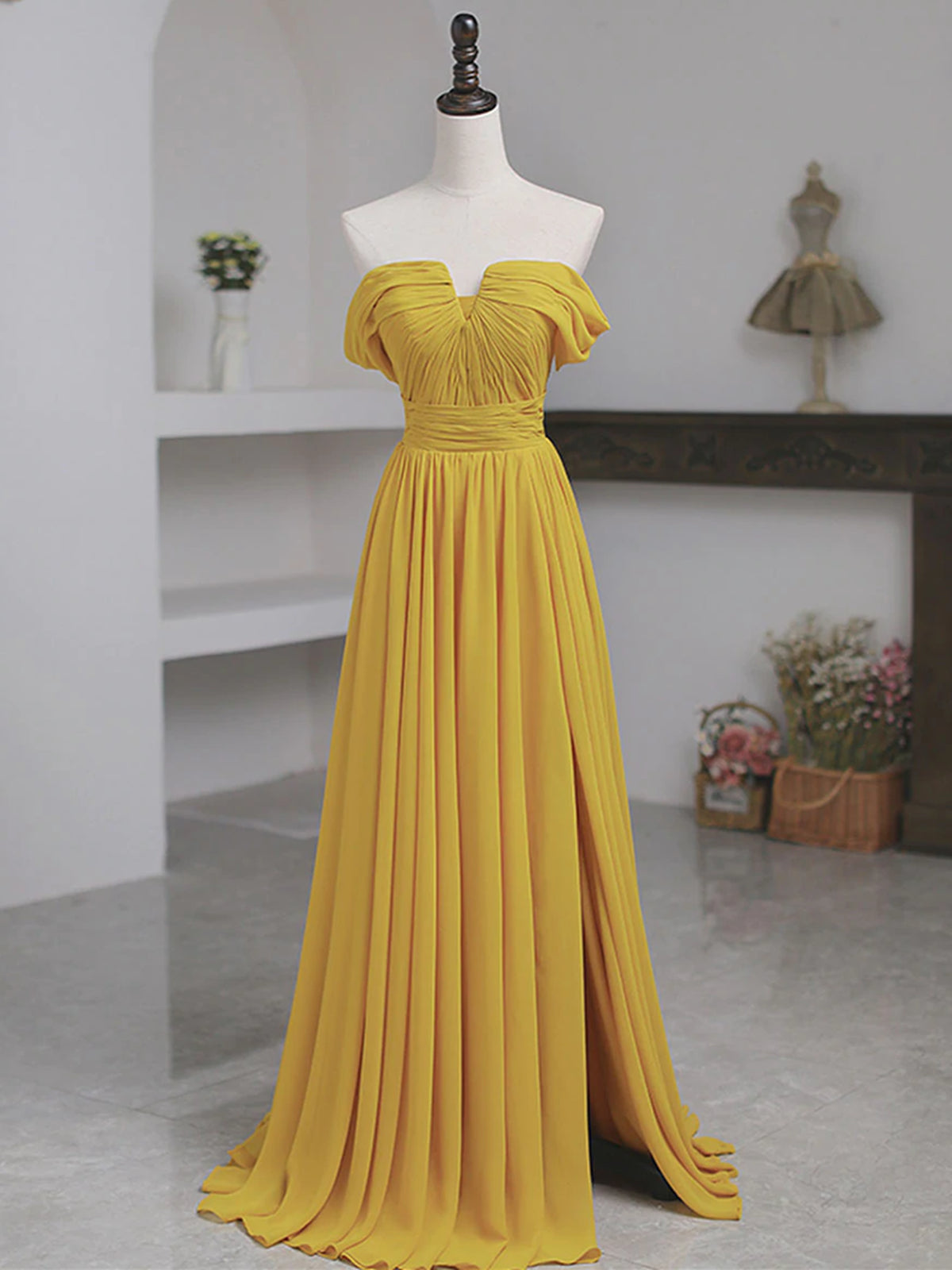 Off the Shoulder Yellow Chiffon Long Prom Dresses, Yellow Long Formal Bridesmaid Dresses