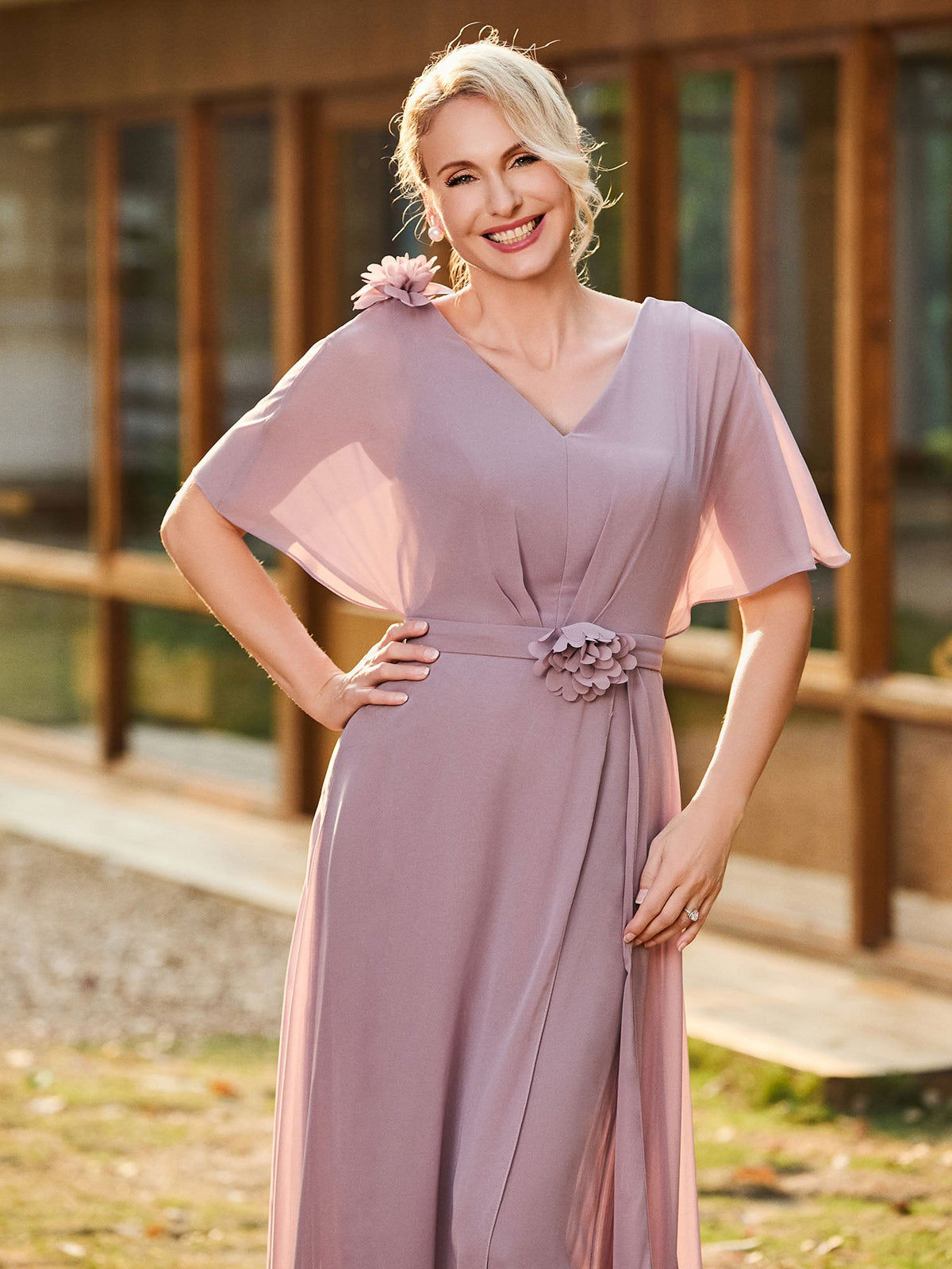 V-neck Short Sleeve Floral Applique Chiffon Jumpsuit Dusk