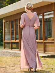V-neck Short Sleeve Floral Applique Chiffon Jumpsuit Dusk